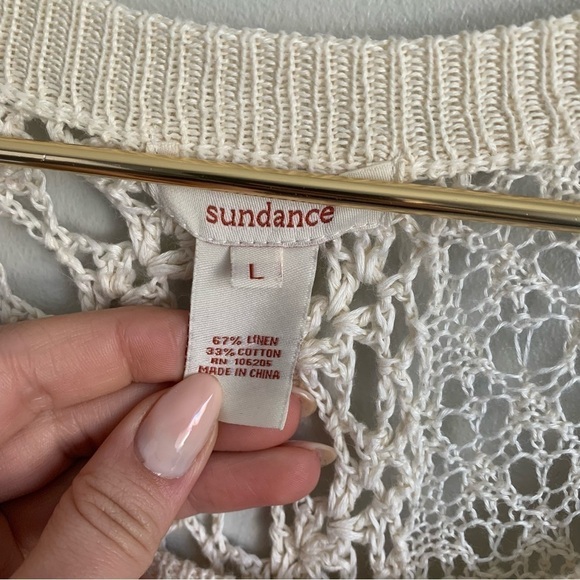 Sundance linen cotton crochet patchwork scoop neck knit sweater cream size large - Picture 4 of 5